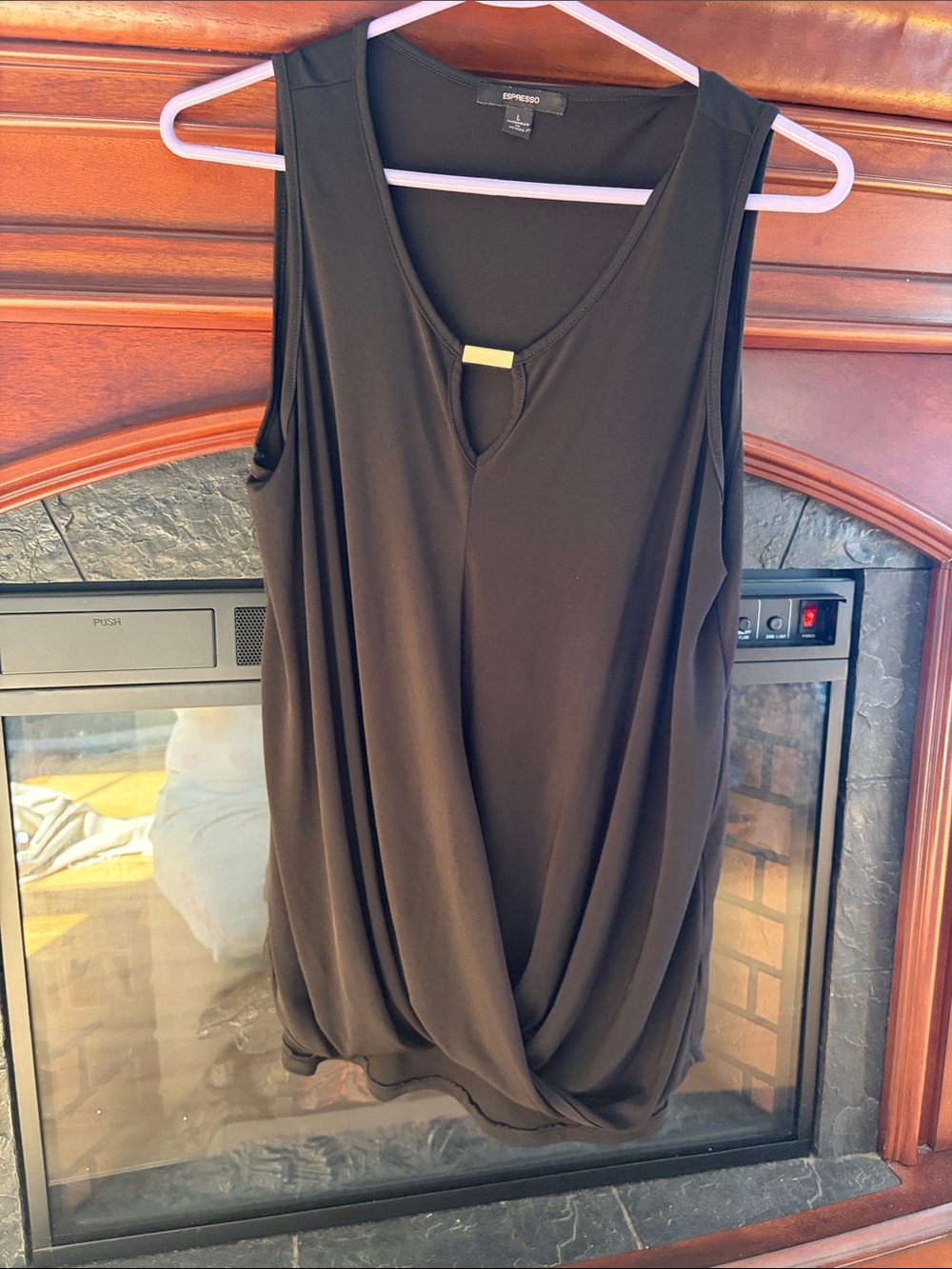 Espresso Black Twist-Front Sleeveless Tank with Gold Bar